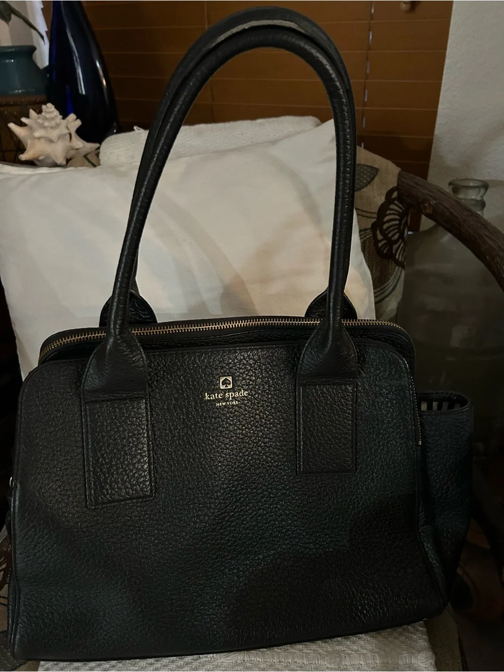 kate spade Black Pebbled Leather Satchel with Gold Logo